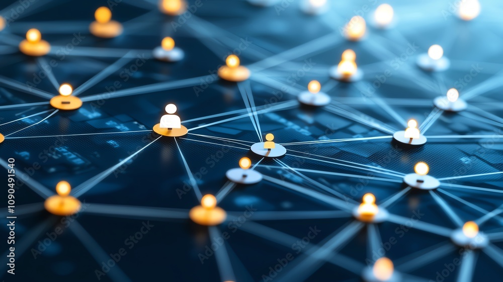 Poster illuminated network communication concept with digital nodes and connections symbolizing data exchan