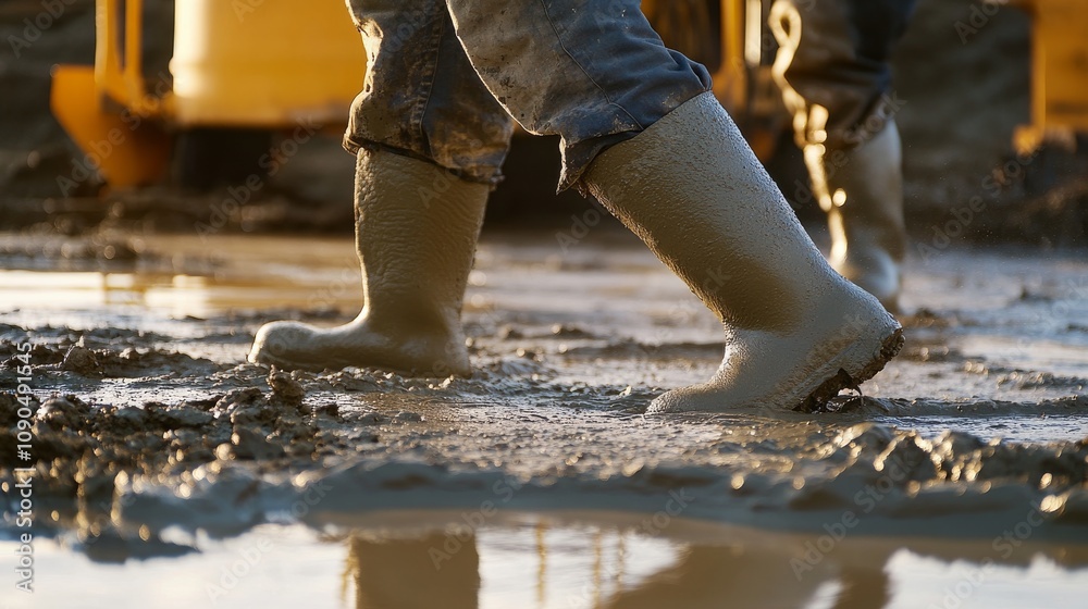 Poster an intense close-up of a concrete finisher smoothing out freshly poured concrete on a highway constr