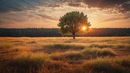 Fototapeta premium Lonely tree in a cultivated field with Wild grass in the forest at sunset