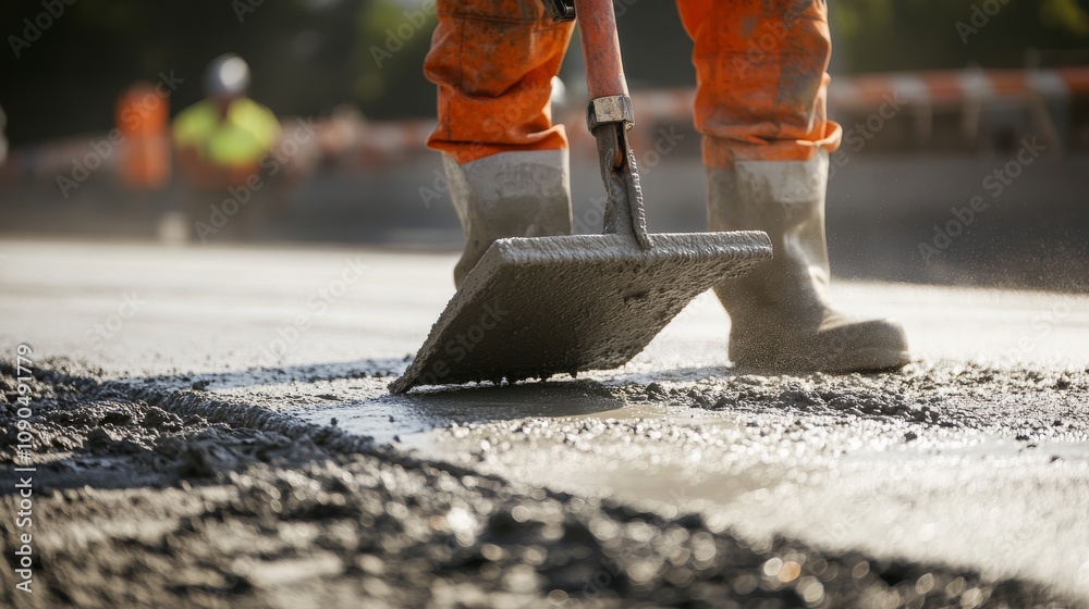 Poster an intense close-up of a concrete finisher smoothing out freshly poured concrete on a highway overpa