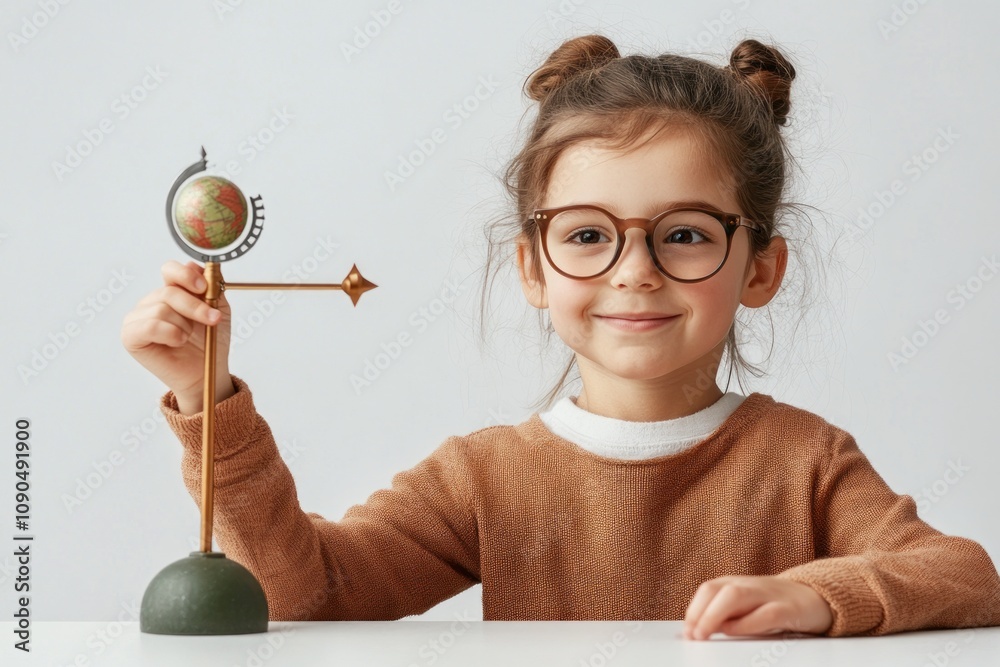 Poster a smiling girl holding a globe on a stand, symbolizing exploration and learning.