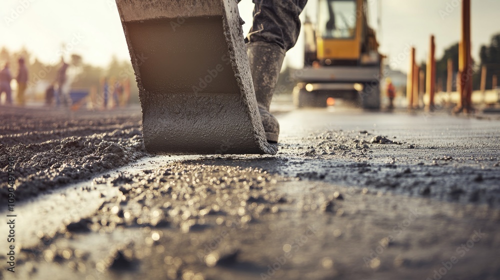 Poster an intense close-up of a concrete finisher smoothing out freshly poured concrete on a highway overpa
