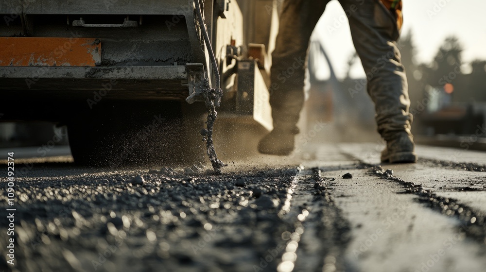 Poster an intense close-up of a concrete finisher smoothing out freshly poured concrete on a highway overpa