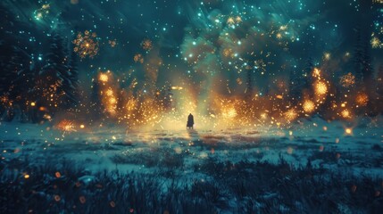 Obraz premium A figure stands in a mystical landscape filled with glowing lights.