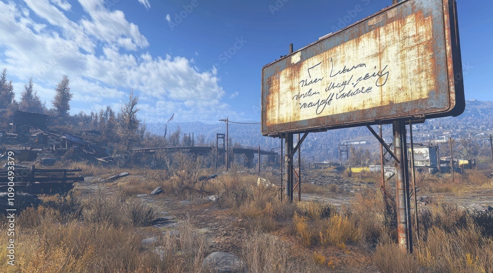 Poster A desolate landscape with a weathered billboard and overgrown vegetation in a post-apocalyptic setting.