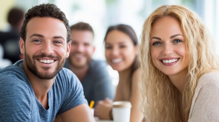 Obraz premium Group of Friends Sharing Laughter and Joy in a Bright Cafe Setting, Capturing Moments of Connection and Happiness with Smiles and Togetherness