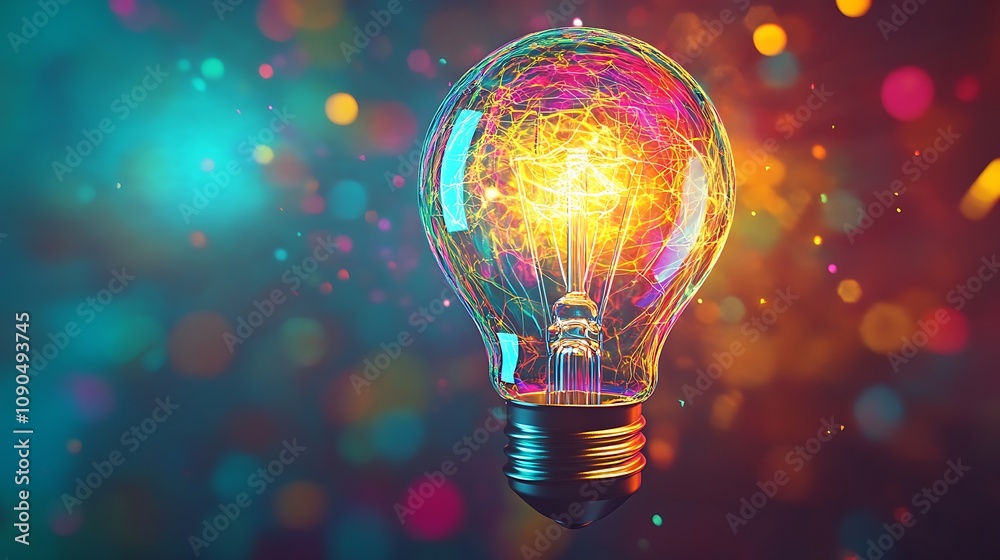 Poster glowing light bulb on colorful bokeh background. 3d rendering - generated ai