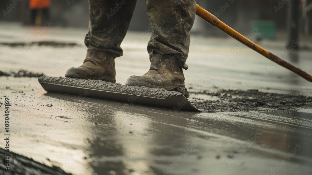 Poster an intense close-up of a concrete worker smoothing concrete on a highway construction project, highw