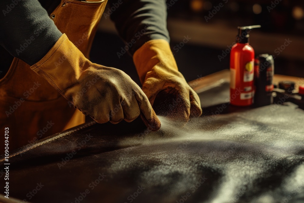 Poster a craftsman applying a product to leather with gloved hands in a workshop setting.