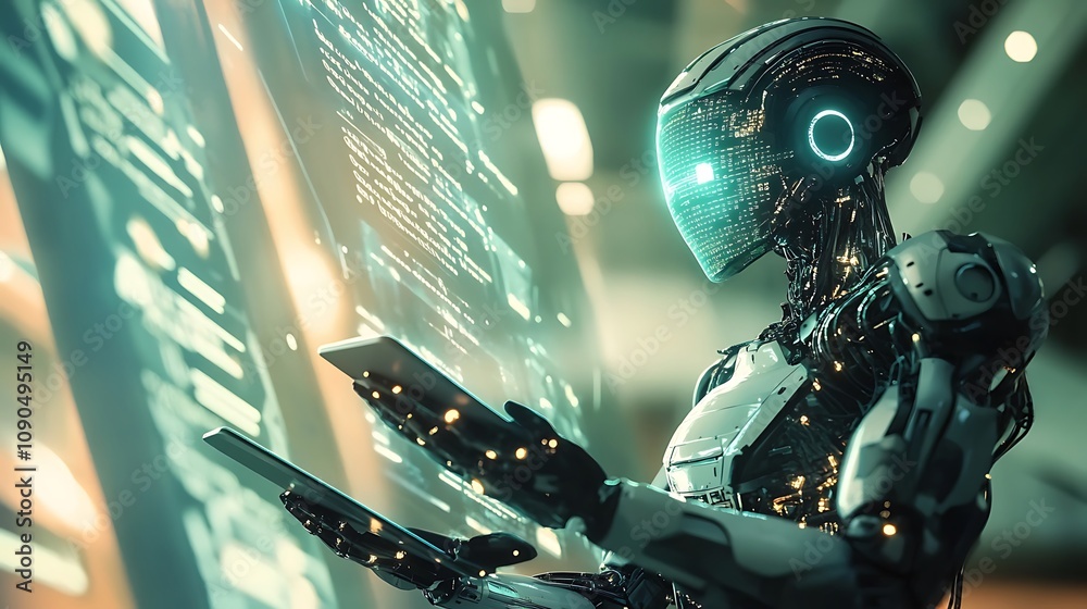 Poster 3d rendering humanoid robot with tablet pc computer in a futuristic space - generated ai