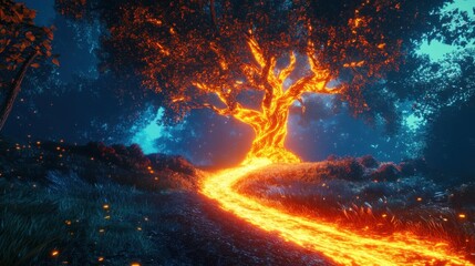 Naklejka premium Enchanted Forest with Glowing Tree and Flowing Lava Pathway under Starry Night Sky Creating a Magical, Dreamlike Atmosphere