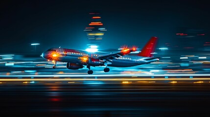 Airplane Landing at Night City Lights Blurred