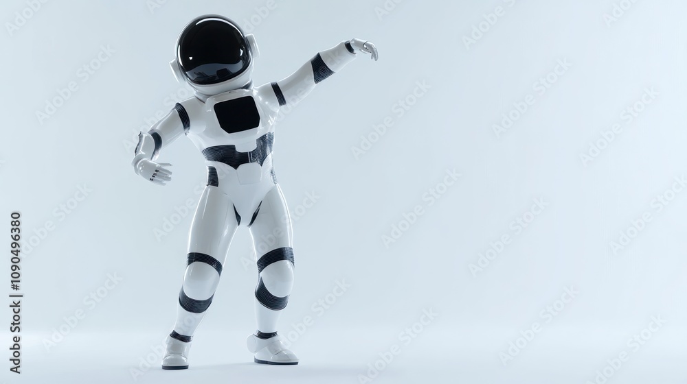 Poster A humanoid robot in a spacesuit striking a dynamic pose against a minimalist background.