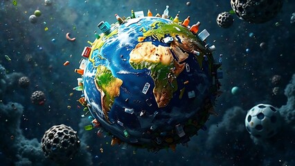 Earth from space with various plastic waste on the one side for earth day celebration