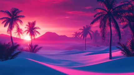Obraz premium Breathtaking Sunset Over Dreamy Tropical Landscape with Lush Palm Trees and Soft Sand Dunes Bathed in Vibrant Pink and Purple Hues, Ideal for Relaxation and Escape