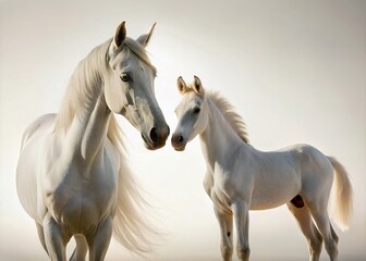 Obraz premium Close-Up Silhouette of a White Body Horse and Foal with White Background, Capturing the Bond Between Mother and Young in a Serene, Minimalist Style