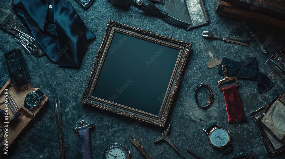 Poster a flat lay of various tools, watches, and an empty ornate frame on a textured surface.