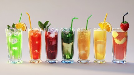 A vibrant lineup of refreshing cocktails with colorful garnishes and ice, perfect for a summer party.