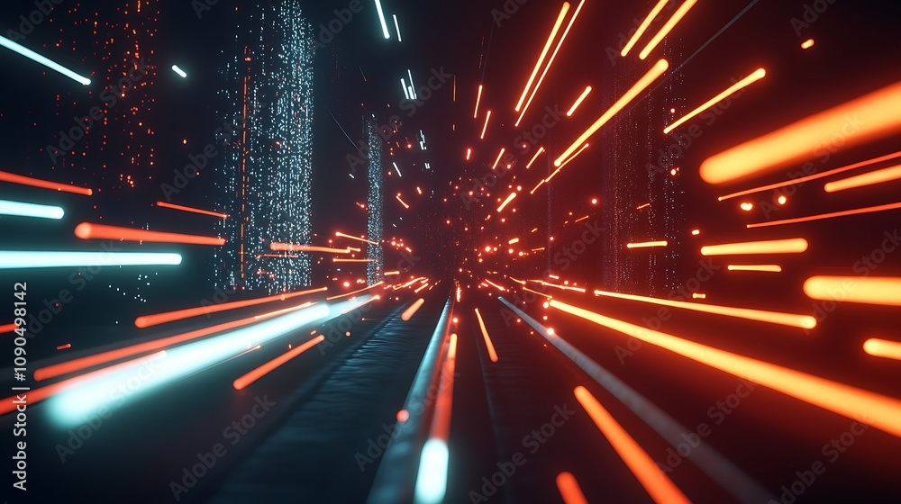Poster 3d rendering of abstract background with neon lights. futuristic tunnel. - generated ai