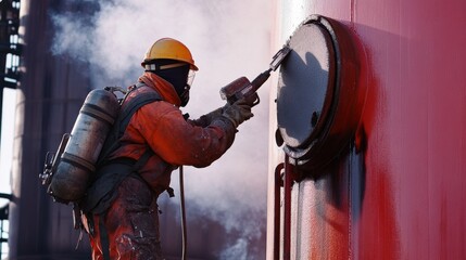 An intense close-up of an industrial painter applying fire-retardant coatings on steel structures at a refinery, Refinery fire protection coating scene, Methodical and protective style