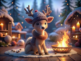 Fototapeta premium Cozy 3D Cartoon Reindeer by a Glowing Firepit with Handmade Hat, Sweaters, and Boots, Surrounded by a Soft Bokeh Background for Winter and Holiday Themes