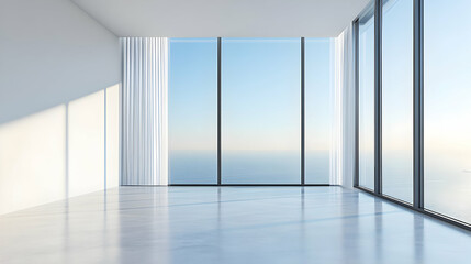 Fototapeta premium Serene Coastal View: 3D Render of Modern Room with Floor-to-Ceiling Windows and Sheer Curtains, Sunlight Streaming In.