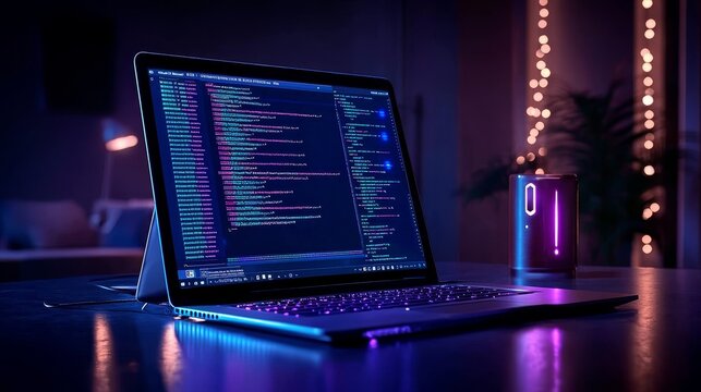Vibrant online course ad, open laptop with coding screen, modern typography, dark background with colorful accents, perfect for tech education ads