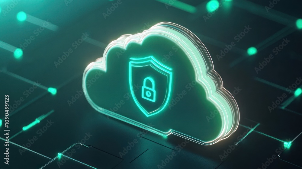 Poster A digital cloud symbol with a padlock, representing data security and privacy in technology.