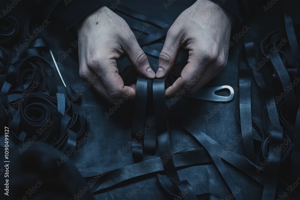 Poster hands crafting with black ribbons on a dark surface, showcasing intricate design work.