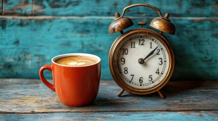 Rustic orange coffee cup with latte art next to vintage alarm clock, weathered blue wood background, nostalgic morning vibe, retro timekeeping, coffee lover concept