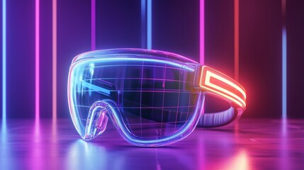 Wearable tech on neon-lit display stand, futuristic promo design