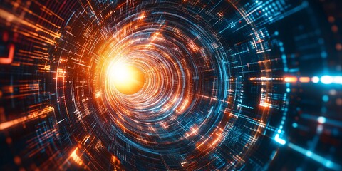 Obraz premium Futuristic Technology Background with Colorful Radiant Lines Converging into a Vortex Tunnel for High-Speed Data Flow and Innovation Concept