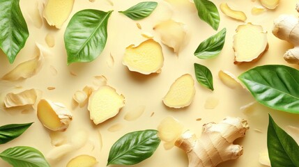 Flat lay composition with fresh ginger root and green leaves on a beige background.