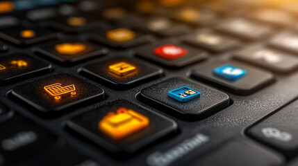 Obraz premium colorful display of online shopping categories on keyboard, featuring various icons that represent e commerce functions, enhancing digital shopping experience