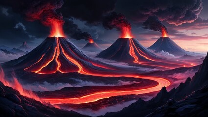 A breathtaking fantasy landscape with towering, active volcanoes in the distance. The scene is illuminated by the glowing red lava flowing down the volcanic slopes, contrasting against the dark, smoky