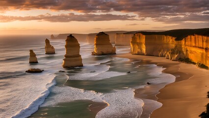The rugged cliffs of the twelve apostles along the great ocean road with crashing waves, Ai Generated