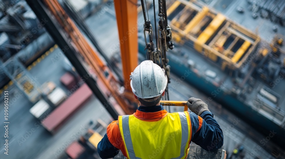 Fototapete an intimate portrait of a crane operator maneuvering a crawler crane at a port expansion project, po