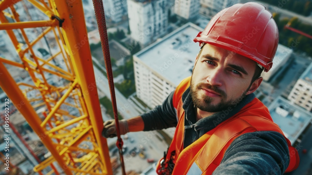 Poster An intimate portrait of a crane operator maneuvering a tower crane on a construction site, Tower crane operation scene, Skilled and commanding style