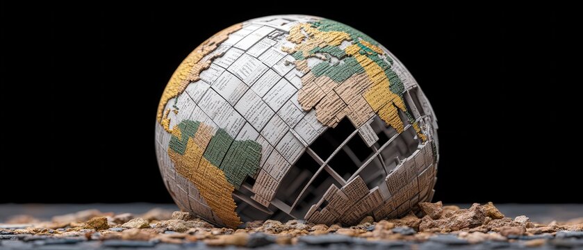 Investing mistake fail business and volatility Concept, A cracked globe puzzle piece with fragments scattered, symbolizing a fractured world.