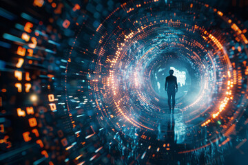Obraz premium A futuristic cityscape forms the backdrop for a digital humanoid silhouette enveloped by pulsating data streams, accompanied by cascading lines of binary code.
