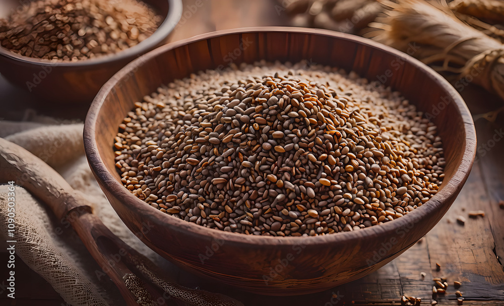 Poster a bowl of brown grains with a spoon next to it. the bowl is full of grains and the spoon is on the r