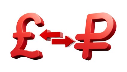 Obraz premium 3d Red Pound And Ruble Symbol Icons With Money Exchange Arrows On White Background 3d illustration 