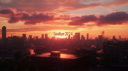 Fototapeta premium Sunset Farewell: 'Goodbye 2024' Over a Vibrant City Skyline