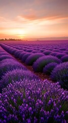 Fototapeta premium A beautiful lavender field under the setting sun, with rows of purple flowers stretching as far into the horizon as one can see.