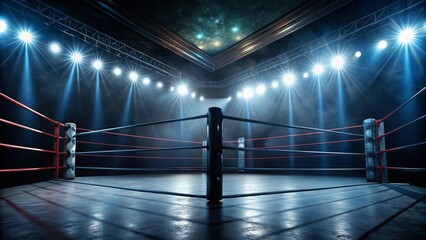 Empty Wrestling Ring Corner with Spotlight in a Dramatic Sports Setting, Perfect for Action-Packed Imagery and Event Promotion in the World of Professional Wrestling and Boxing