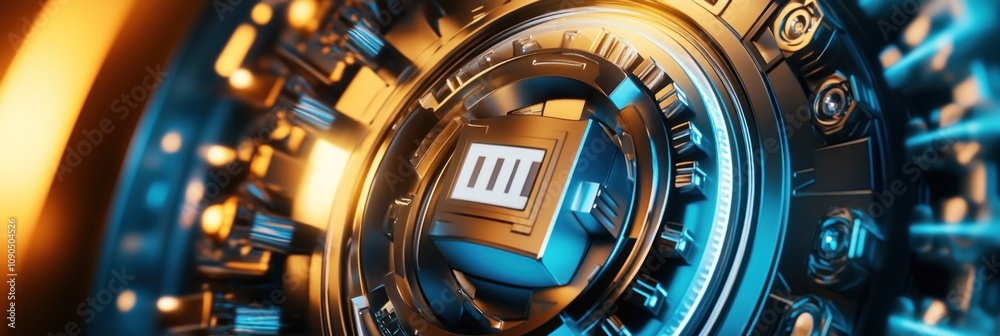 Poster a close-up of a metallic mechanism with vibrant lighting, suggesting advanced technology.