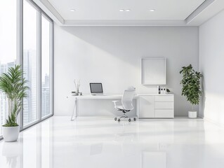 Fototapeta premium Modern Minimalist White Office Space Design With City View
