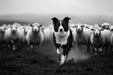 Fototapeta premium Border Collie Herding Sheep: A black-and-white Border Collie