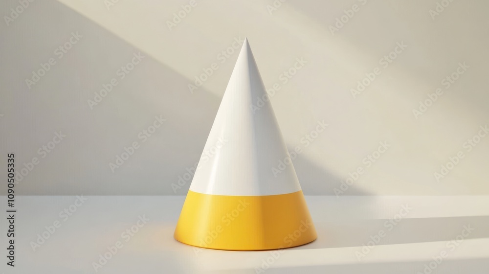 Poster A minimalist cone-shaped object with a white top and yellow base on a clean surface.