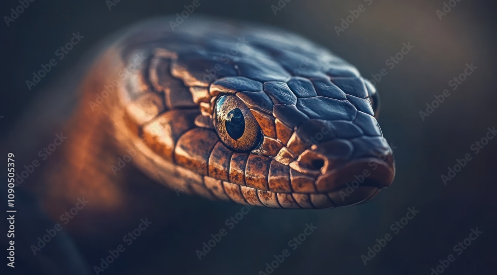 Poster close-up of a reptile's head showcasing intricate scales and a captivating eye.